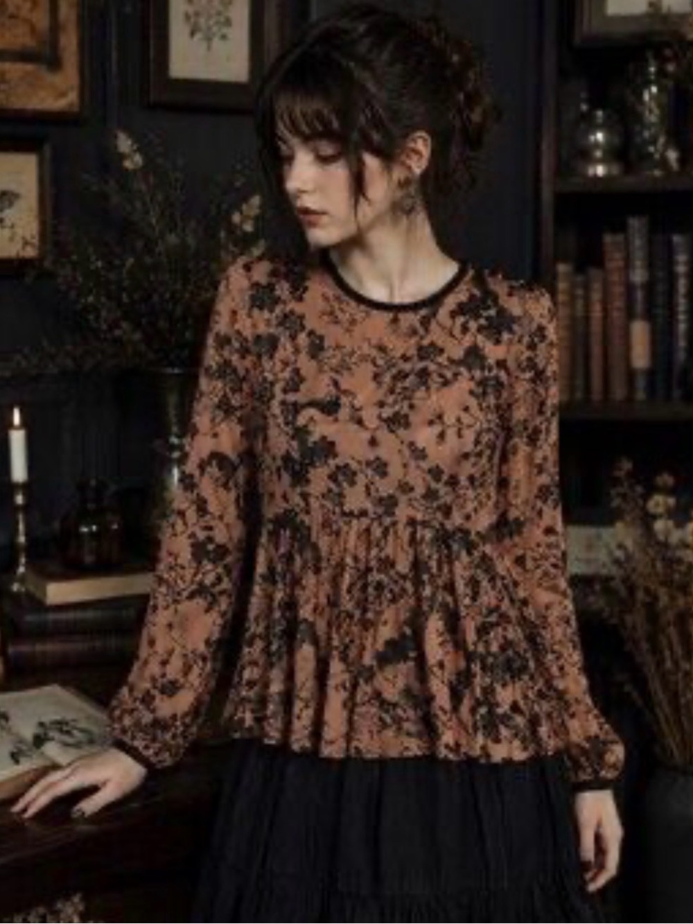 Kimchi Blue Long-Sleeve Sheer Floral Peplum Top in Rust and Black